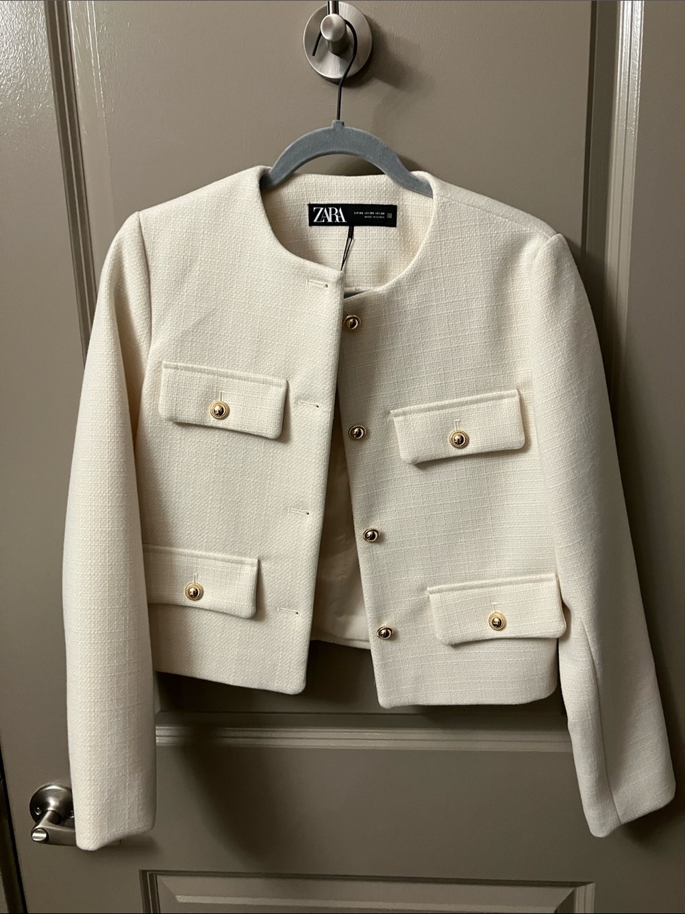 Zara Ivory Cropped Tweed Blazer with Gold Buttons